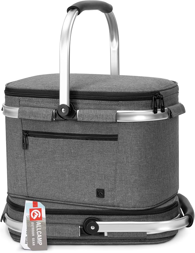 ALLCAMP Insulated Cooler Bag portable Collapsible Picnic Basket Cooler with Sewn in Frame (Medium Gray)