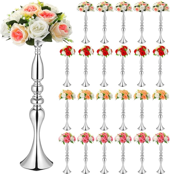Rtteri 24 Pcs Metal Wedding Centerpiece Table Decoration Gold Flower Stand 20 Inch Tall Wedding Flower Vase Centerpieces for Reception Flower Arrangement Candle Holder Party Dinner Home Decor (Silver)