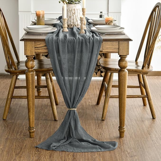 Artoid Mode Boho Cheesecloth Gauze Silver Grey Wedding Table Runner, 120 Inch Seasonal Fabric Kitchen Dining Holiday Table Decor for Home Party Indoor