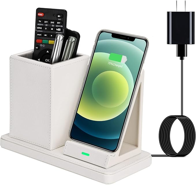 Wireless Charger with Desk Organizer, Wireless Charging Station for iPhone 14/14 Pro/13/12/11/Samsung Galaxy S23/S22/S21/S20/Note 20/Note 10, Charging Stand with Leather, White
