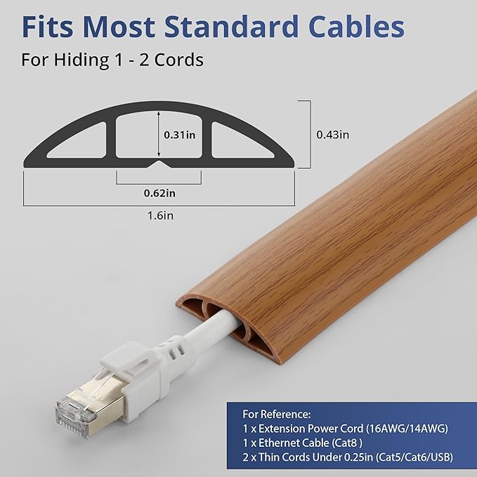 ZhiYo 10ft Cord Covers for Wires on Floor, Cord Hider Floor Hide Extension Cords, Soft PVC Cable Cover Cable Protector, Cable Cavity W0.62in H0.31in, Yellow Oak Wood