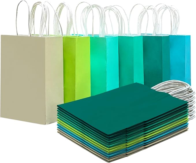 qiqee 30PCS Medium Gift Bag with Handles Bulk 11"x5"x8" Gift Bags 6 Different Green Color Bags Multiple Uses (Medium Size)