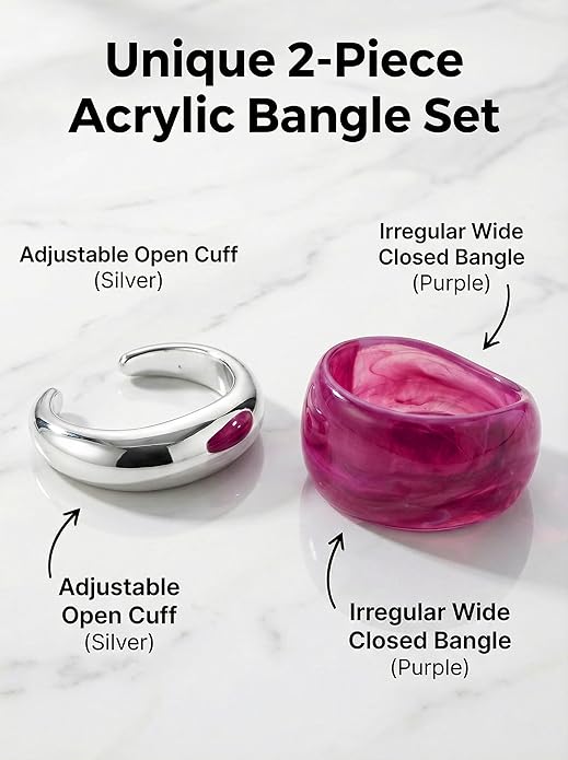2Pcs Irregular Acrylic Bangle Set - Open & Closed Cuff Bracelets Fashion Jewelry for Women, Trendy Chunky Resin Bracelets New Year's gift