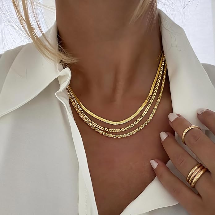 Gold Layered Necklaces for Women, 14K Gold Plated Dainty Gold Chain Choker Necklace Stack, Herringbone Gold Necklaces Set