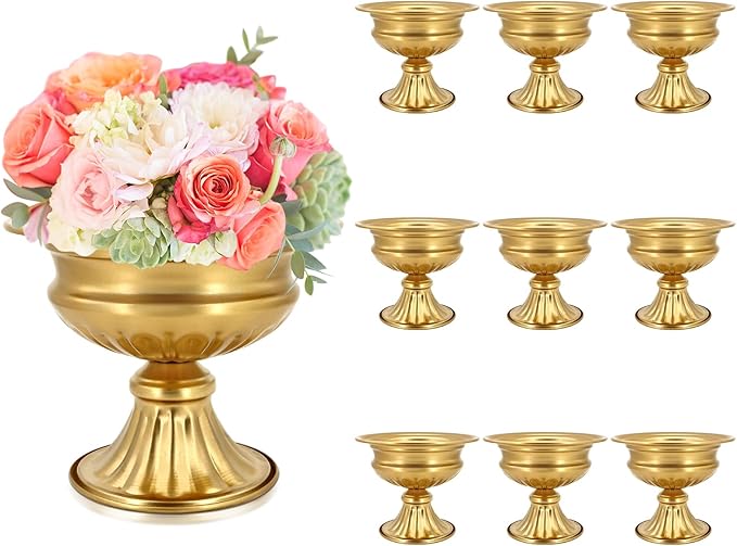 Gold Compote Vases for Centerpieces: Wedding Flower Vase for Tables 6.5 Inch Small Metal Urn Pedestal Bowl for Party Anniversary Event Home Decor Set of 10