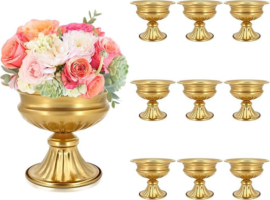 Gold Compote Vases for Centerpieces: Wedding Flower Vase for Tables 6.5 Inch Small Metal Urn Pedestal Bowl for Party Anniversary Event Home Decor Set of 10