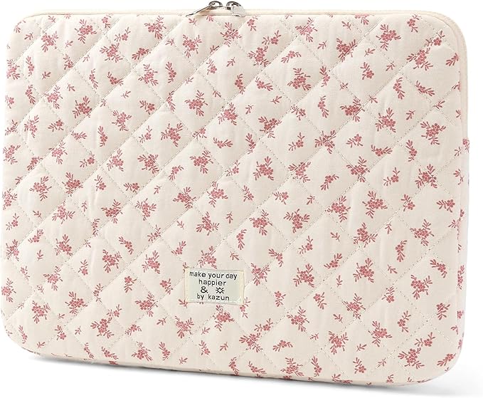 Puffy Laptop Sleeve 13-15.6 Inch Cute Quilted Laptop Protective Case Padded Floral Computer Sleeve for MacBook (A-Pink, 15 Inch)