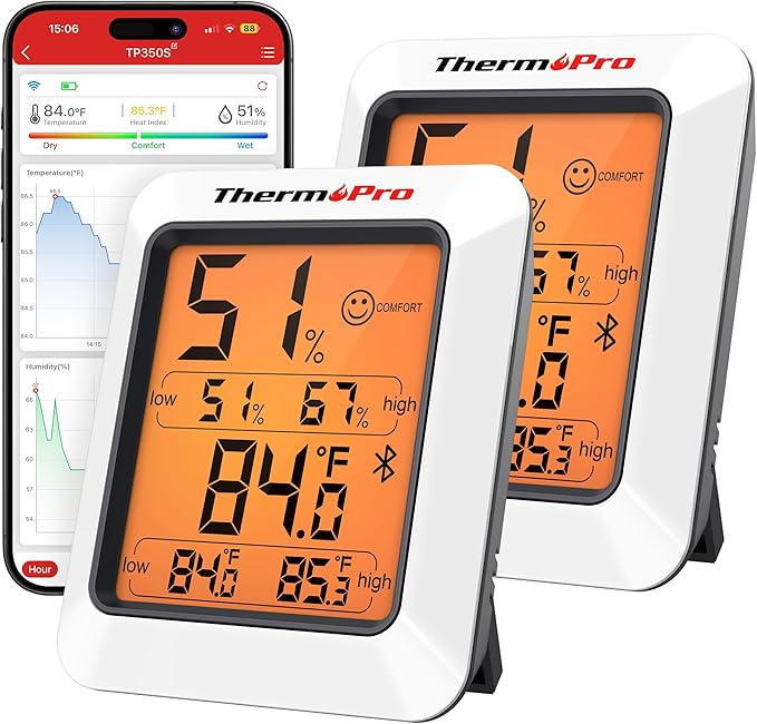 ThermoPro Hygrometer Thermometer for House TP350, Bluetooth Room Indoor Greenhouse Thermometer Monitor Up to 260FT, Backlit Humidity Meter Temperature Sensor with 2-Year Data Export, 2 Pack
