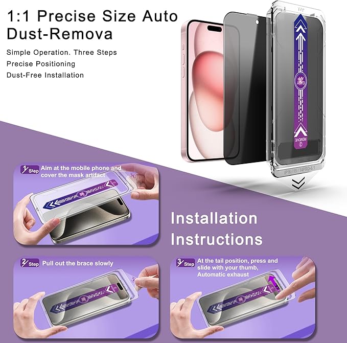 2 Pack Privacy Screen Protector for iPhone 14 Pro/iPhone 15 / iPhone 16, 9H Tempered Glass, Full Coverage, Anti-Fingerprint, Auto Dust-Elimination, No Bubble, Easy Installation