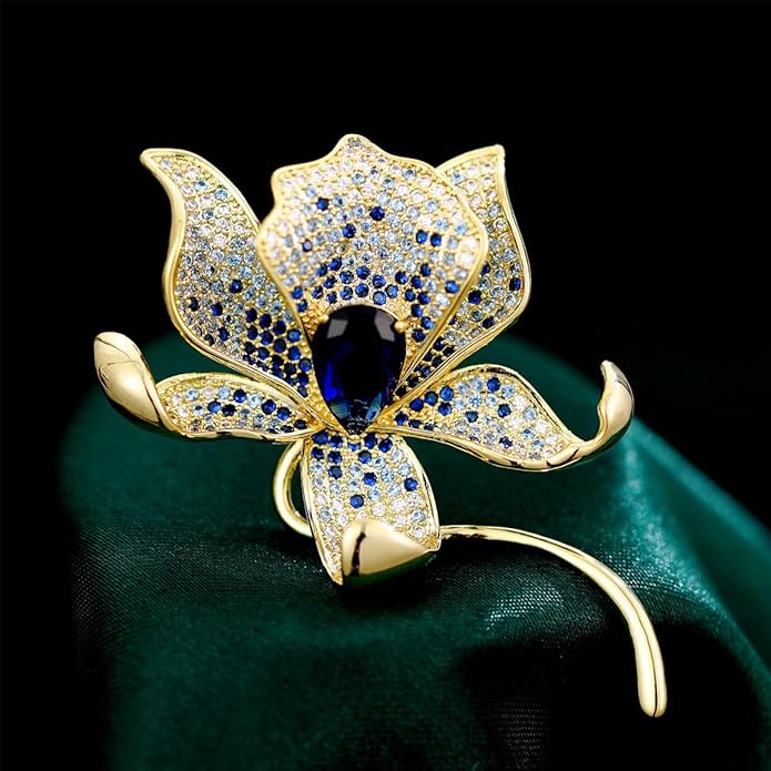Stunning Handmade Lily Brooch in 14K Gold with Crystal Encrusted, Luxurious Moissanite Botanical Floral Corsage, Ideal Botanical Theme Shawl Accessory