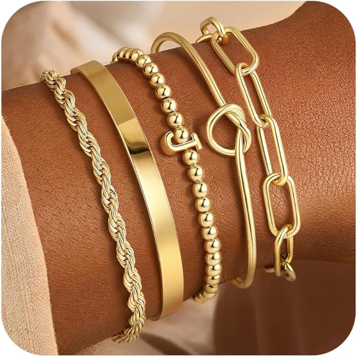 Turandoss Valentines Gifts for Her Girls, Dainty 5PCS 14K Gold Plated Initial A-Z Beaded Stretch Bracelet Chunky Gold Cuff Knot Twisted Rope Paperclip Bracelet Set Stack Jewelry Gifts for Women Girls