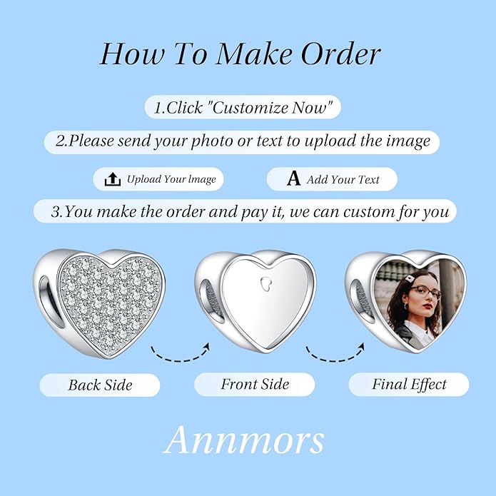 Annmors Personalized Photo Charm for Bracelet Necklaces,925 Sterling Silver Charm Love Heart Shaped Engraved Customize Picture Gift for Birthday Mother's Day Christmas,Bead Charms Jewelry for Women
