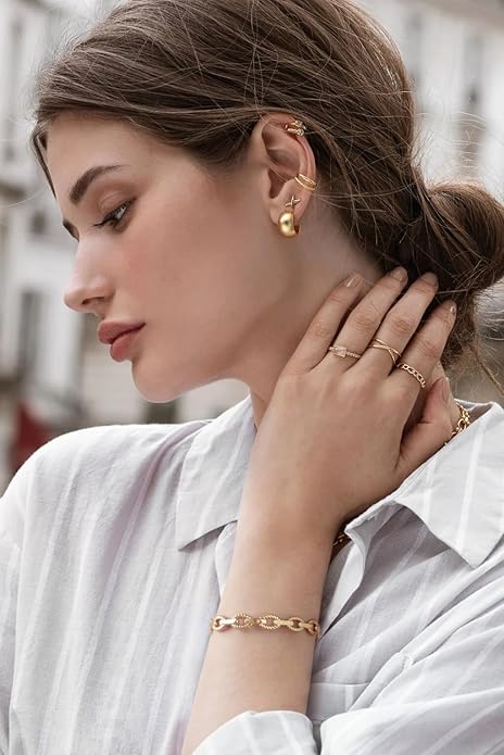 PERNNLA PEARL Dainty Gold Bar Bracelet for Women Simple Delicate Thin Cuff Bangle Hook Bracelet 18K Gold Plated Handmade Minimalist Jewelry