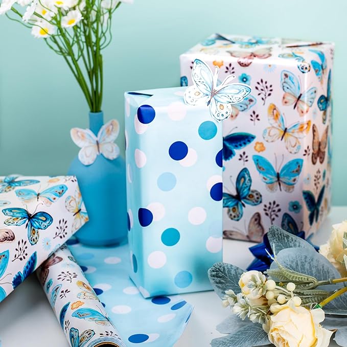 MAYPLUSS Butterfly Wrapping Paper, Vintage Watercolor Butterfly Fairy Gift Wrapping Paper for Women Girls Pearl Birthday Wrap in Blues Reversible Polka Dot for Baby Shower, Wedding (17Inch X 33Feet)