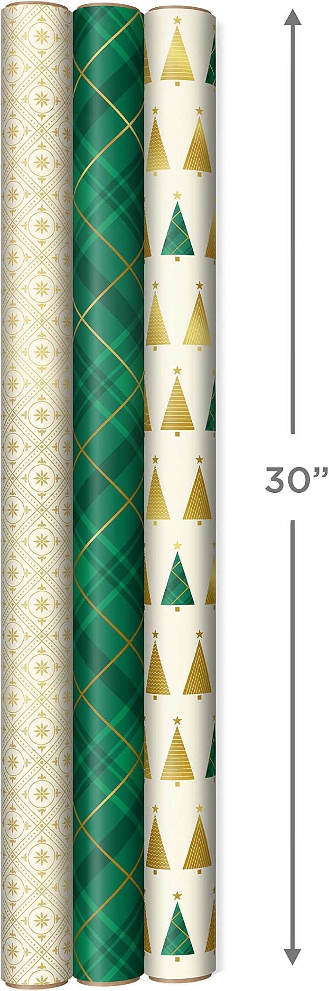 Hallmark Elegant Christmas Wrapping Paper with Cut Lines on Reverse (3 Rolls: 120 sq. ft. ttl) Gold Trees, Emerald Green Plaid, Gold Geometric Snowflakes