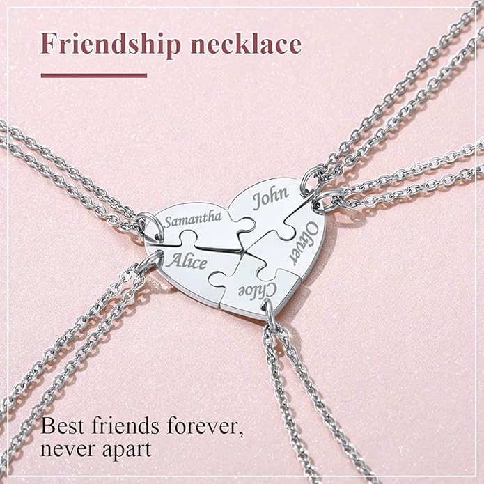 FindChic Personalized Matching BFF Necklace for 2/3/4/5/6 Puzzle Name Heart Pendant Stainless Steel Couple Necklace Set Customized Necklaces for Teen Girls