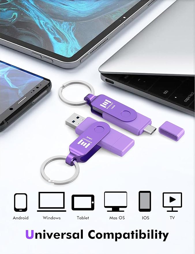 MOSDART 128GB Dual USB C Flash Drive, Speed Up to 150MB/S Type C 3.1 Thumb Drive with Keychain and LED Indicator, exFAT Memory Stick for iPhone 15 and 16, iPad, Android Phone, Tablet, Laptop, Purple