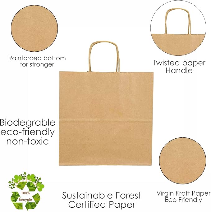 JET PAPER BAGS - 10”x5”x10” Inch [250 Pcs] Brown Paper Bags with Handles Prime for Takeout, Grocery, Goody, Retail, Party, Gifts, Weddings