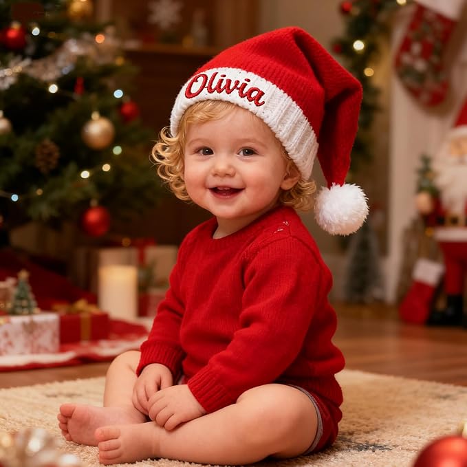 Custom Santa Hat for Adult Kids Personalized Gift Christmas Hats Monogram Red Santa Beanie Boy Girl Winter Knit Hat