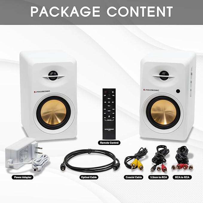 Active Bluetooth Bookshelf Speaker Studio Monitor Home Theater, Optical Input, Coaxial Input, 2 x RCA Aux Input, 30 Watts x 2 (White)