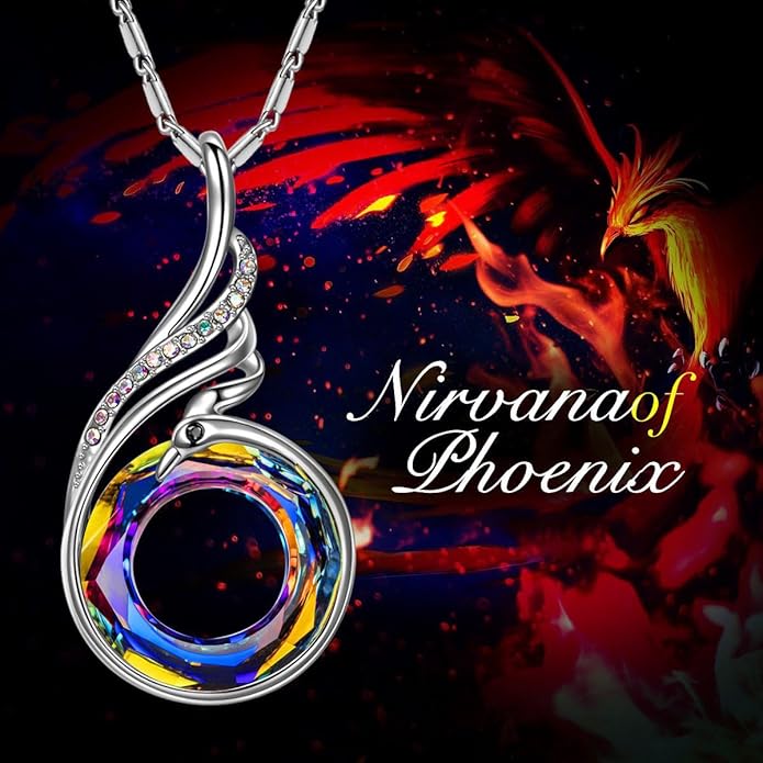 Phoenix Crystal Pendant Necklace for Women Rise from the Ashes - Vintage Copper Silver-Plated Jewelry with 7 Diamond Accents, Gift for Mom, Girlfriend, Wife, Mother's Day, Wedding, Anniversary & Evening Party,Symbol of Luck and Renewal.