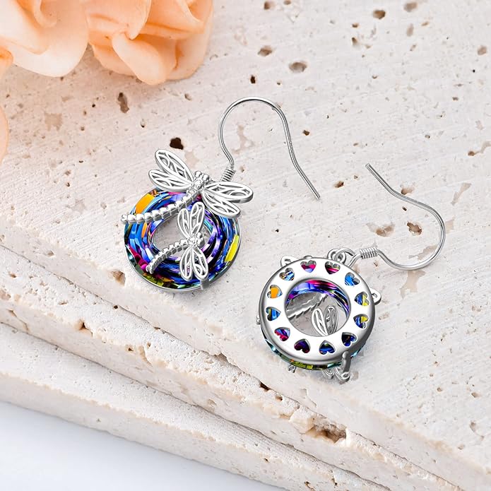 TOUPOP Dragonfly Gifts for Women Sterling Silver Dragonfly Earrings with Circle Crystal Dragonfly Dangle Drop Earrings Jewelry Gifts for Women Mom Birthday Christmas
