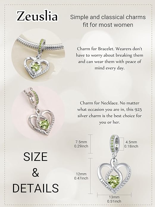 Heart Birthstone Charms for Bracelets, 925 Sterling Silver Women Bead Charms for Charm Bracelets Necklace, Mother's Day Birthday Anniversary Jewelry Gifts for Wife Mom Grandma Daughter