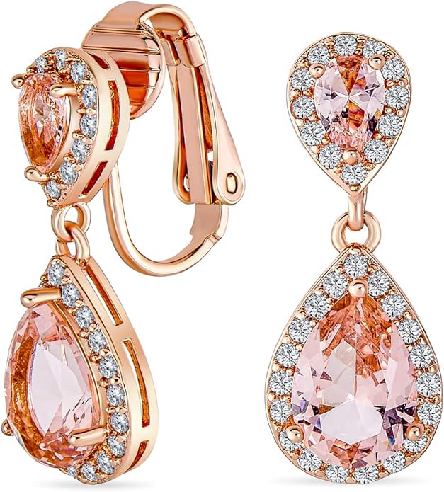 Vintage Style Bridal Cubic Zirconia Simulated Gemstone AAA CZ Halo Dangle Teardrop Chandelier Clip On Earrings For Women Silver Rose Gold Plated in Black Purple Blue Red Rose Pink Green Clear