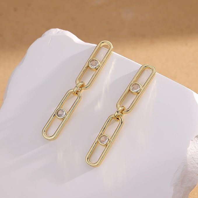 Gold Earrings for Women CZ Paperclip Drop Dangle Earrings, Sterling Silver Posts, Hypoallergenic Studs for Women Trendy Designer Jewelry