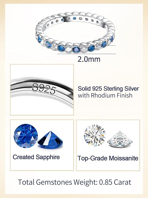 D Color VVS1 Clarity Moissanite Hand Setting Eternity Rings for Women, Solid 925 Sterling Silver Rhodium Finish, Stackable Ring, Wedding Birthday Valentines Anniversary Mothers Day Ideal Gift for Her