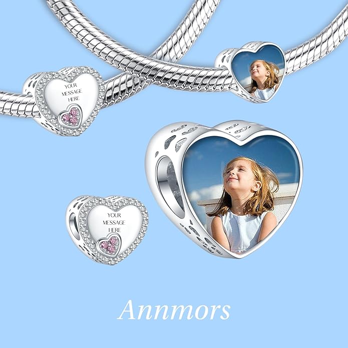 Annmors Personalized Photo Charm for Bracelet Necklaces,925 Sterling Silver Charm Love Heart Shaped Engraved Customize Picture Gift for Birthday Mother's Day Christmas,Bead Charms Jewelry for Women
