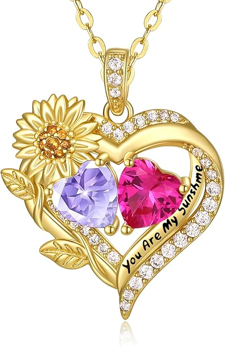 Sunflower Heart Necklace for Women 14K Gold Exquisite Valentines Day Anniversary Birthday Gifts for Wife Mother Her Double Birthstone Pendant Jewelry‘You Are My Sunshine’