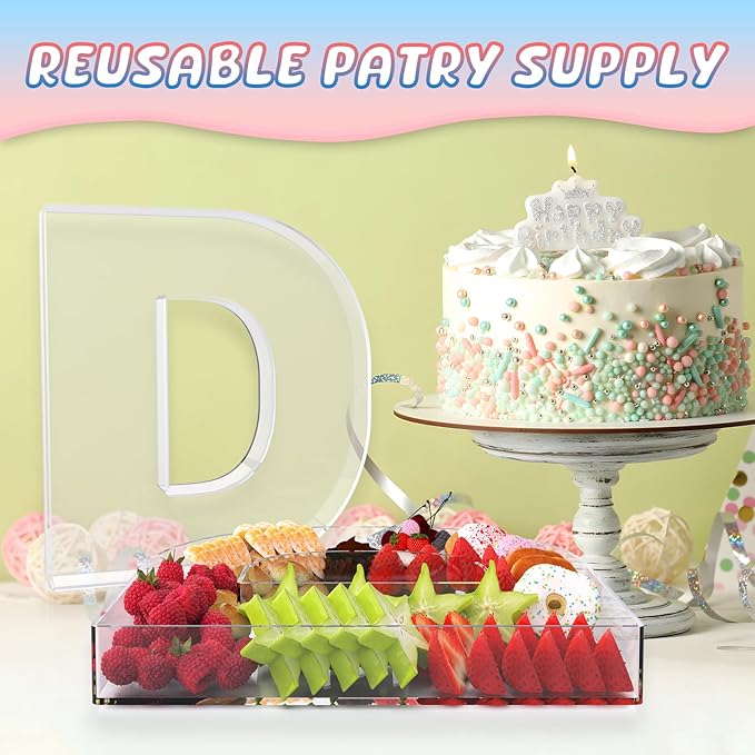 11" Acrylic Letter Charcuterie Box, Reusable Fillable Alphabet Number Shaped Form Tray for Birthday Anniversaries, Party Decorative Serving Plates Display Candy Cake (D)