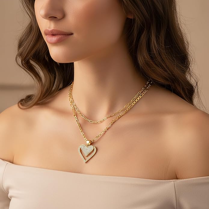 Heart Necklaces for Women 14K Gold Plated Layered Necklace Set with Cubic Zirconia Heart Pendant, Dainty Stackable Choker Chain, Gift for Her