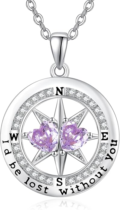 Compass Necklace for Women, Exquisite S925 Valentines Day Anniversary Birthday Gifts for Wife Her Double Birthstone Pendant Jewelry ‘I'd be Lost Without You’