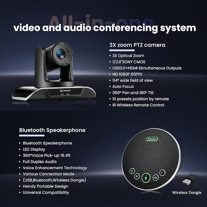 TONGVEO All-in-One Conference Room Video Camera System Bundle HD 1080P 60fps 3X Optical Zoom USB3.0 HDMI PTZ Camera and Bluetooth Conference Speakerphone with Microphones