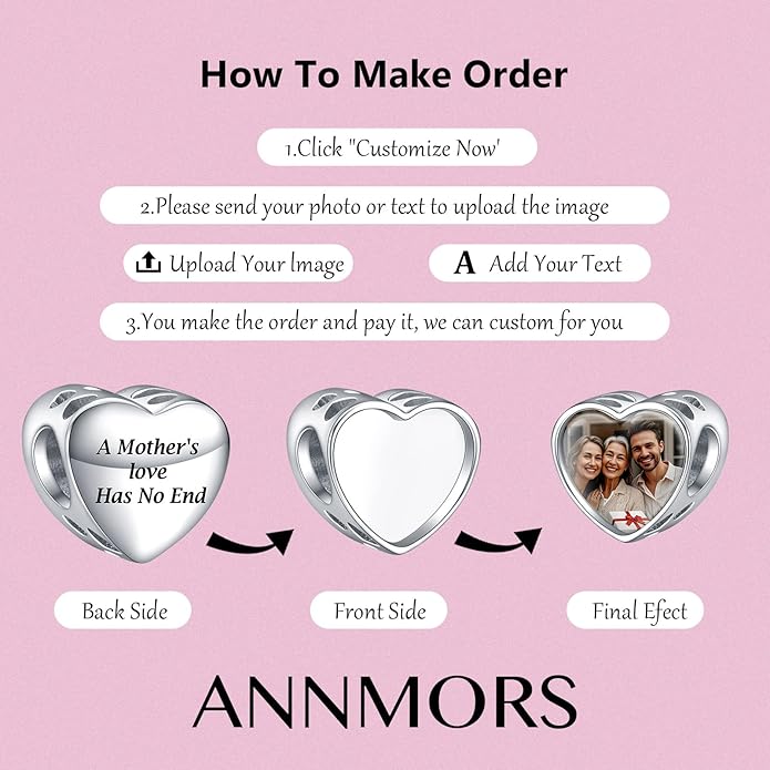 Annmors Personalized Photo Charms For Bracelets/Necklace 925 Sterling Silver Love Heart Shaped Engraved Customize Picture Gift for Birthday Mother's Day,Bead Charms Jewelry for Women
