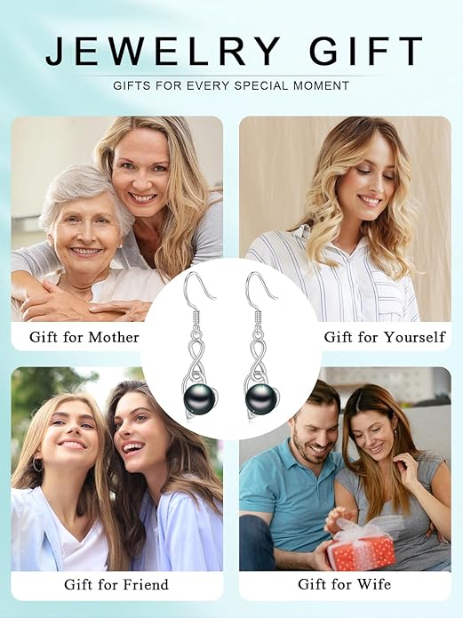 Tahitian Black Pearl Earrings Gifts for Women Wife Celtic Dangle Drop Earrings Wedding Birthday Anniversary Jewelry Valentines Christmas Day Gifts 925 Sterling Silver