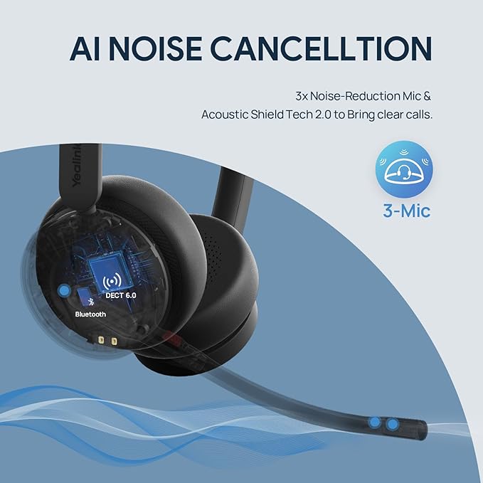 Yealink WH64 Dual UC DECT & Bluetooth Wireless Headset, 606ft Range,Zoom Certified, On Ear Work Headphones with 3X Noise Cancelling Mic, 32 Talk Time, Office Desk IP Phone, PC,Computer