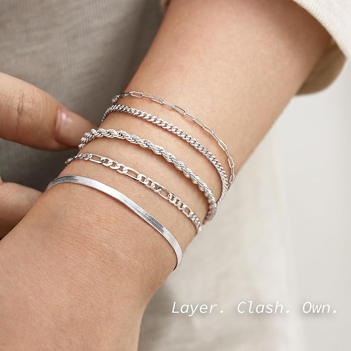 Krfy 5/6Pcs Gold Plated Bracelets for Women Trendy, S925 Plated Silver Bracelet Stack, Non Tarnish Waterproof Bracelets for Women, Paperclip Herringbone Figaro Cuban Twist Chains, Size 6.5''+2''