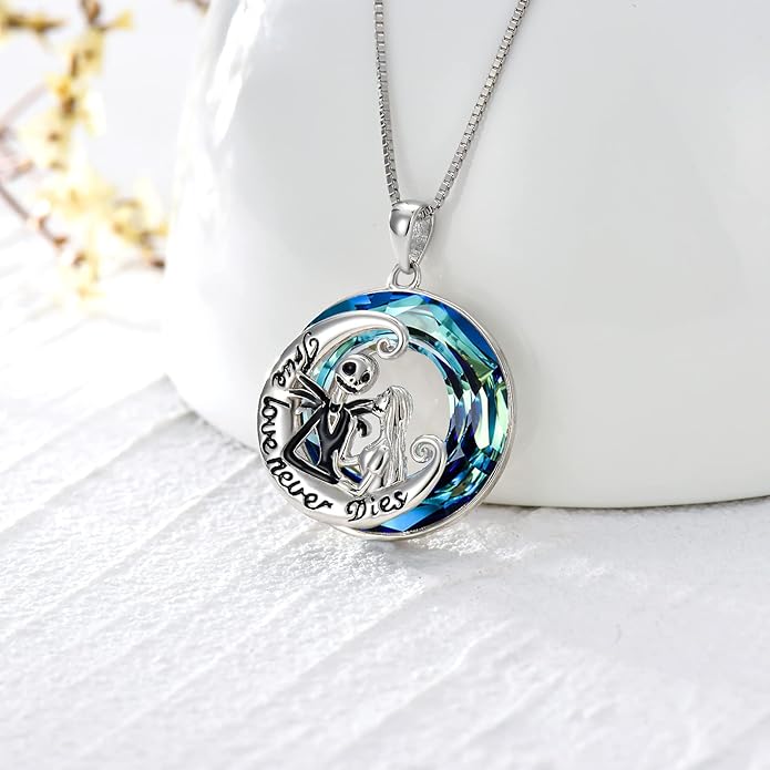 LILALO Nightmare Necklace Sterling Silver Abalone Shell Crystal Jack and Sally Necklace Jack Skellington Skull Jewelry Skull Necklaces for Women