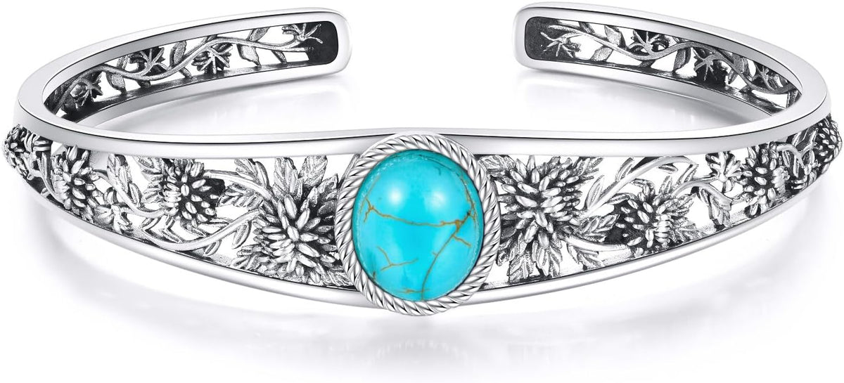 Genuine Turquoise Cuff Bracelet for Women, Sterling Silver Western Vintage Floral Bangle Native American Jewelry, For 6.5-7.5 Inch Wrists