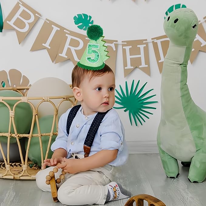 Green Glitter Dinosaur Birthday Cone Hat for 1-5 Years Old Kids Boys Dino Dinousour Birthday Hat Party Decoration