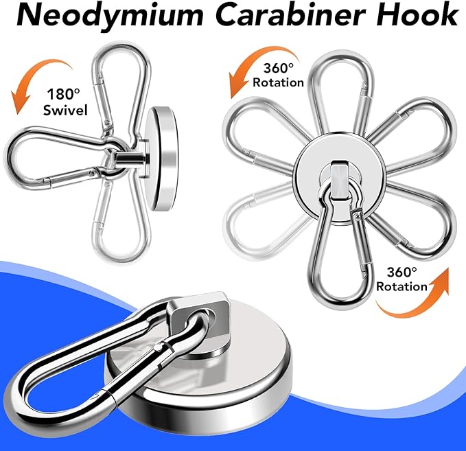 LOVIMAG Magnetic Hooks Heavy Duty, 110LBS Strong Magnetic Hooks Neodymium Magnets with Carabiner Hook, Magnet Hooks with Swivel for Grill, Hangning, Cruise, Kitchen, Garage, Refrigerator (8 Pack)