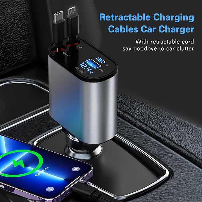 Retractable Car Charger, 66W 4 in 1 Super Fast Charging Car Phone Charger with 2 Retractable 31.5 Inch Cables and 2 USB Ports for iPhone 15/14/13/12/11, Galaxy, Pixel（S）