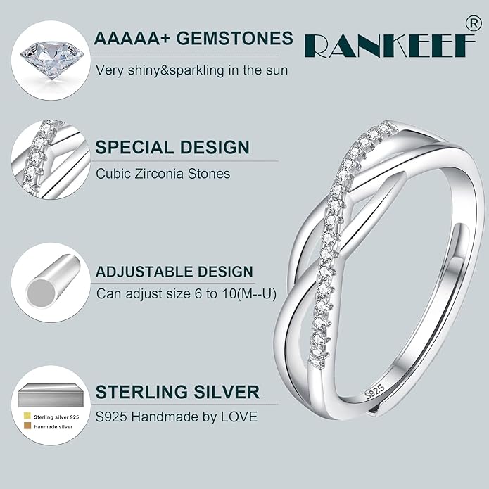 OOOPEL Sterling Silver Adjustable Ring S925 Silver Rings for Women Cubic Zirconia Twist Love Knot Dainty Ring Silver Minimalist Open Finger Rings Silver Thumb Sterling Silver Ring