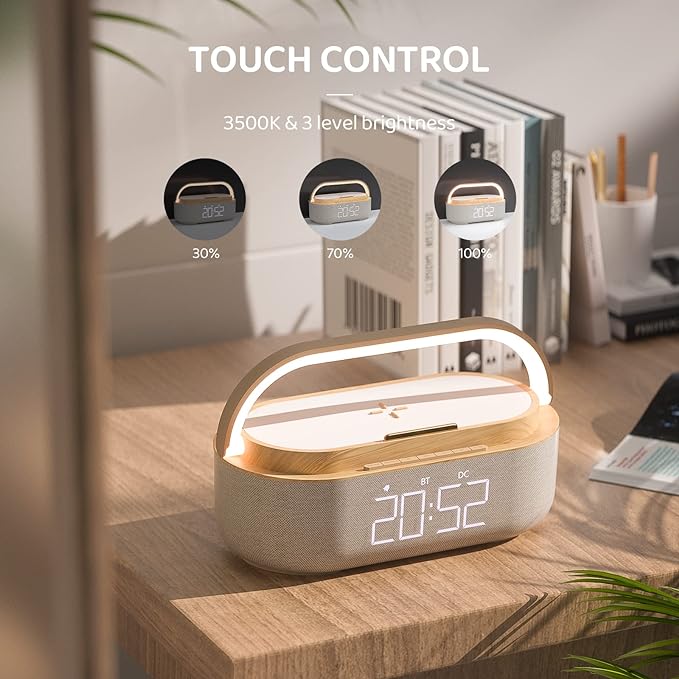 Bluetooth Speaker Alarm Clock with Wireless Charger, FM Radio, Adjustable LED Night Light, 6 in 1 Bedroom Portable Speaker 2500mAh, Phone Stand for Bedside, Home, Office, Gift