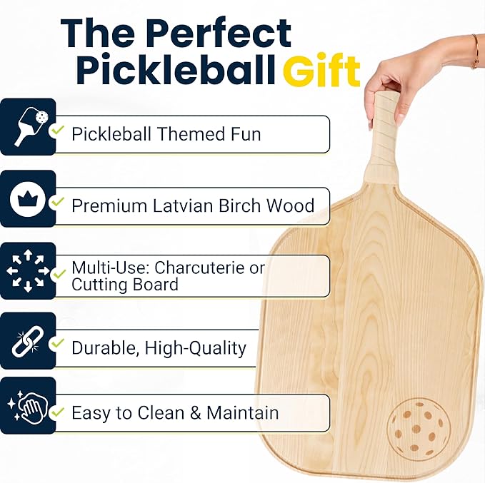 Pickleball Charcuterie & Cutting Board, Pickleball Gift, Party Size - 22.5 x 5.5 x 0.75”, Birch Wood, Paddle Shape with Handle, Mineral Oil Finish