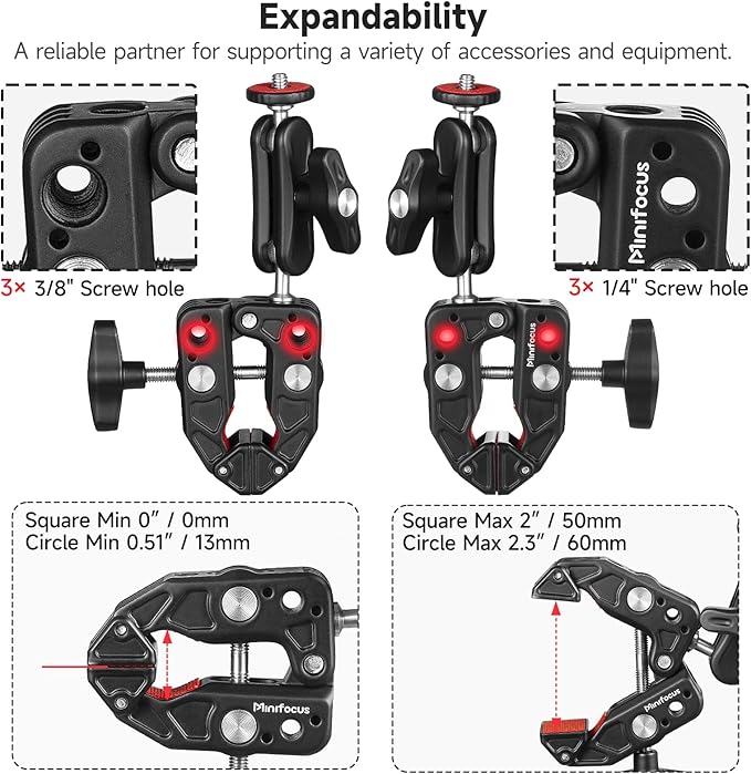 MINIFOCUS Super Clamp Camera Clamp Mount, 360° Ballhead Magic Arm with 1/4" 3/8" Port Extension Holder Adapter, Double Ball Head Adapter for Canon Nikon DSLR GoPro Action Camera Video Light