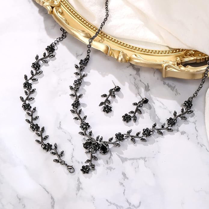 BriLove Women's Wedding Jewelry Leaf Cluster Flower Crystal Dangle Earrings Pendant Necklace Set for Bridal